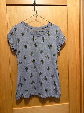 Wound Up Gray Tee with Green Cacti and Pink Blossoms